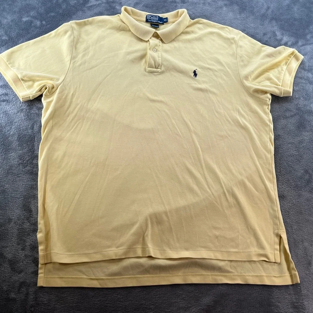 Polo Ralph Lauren Mens XL Yellow Short Sleeve Cotton Polo Shirt Navy Blue Pony
